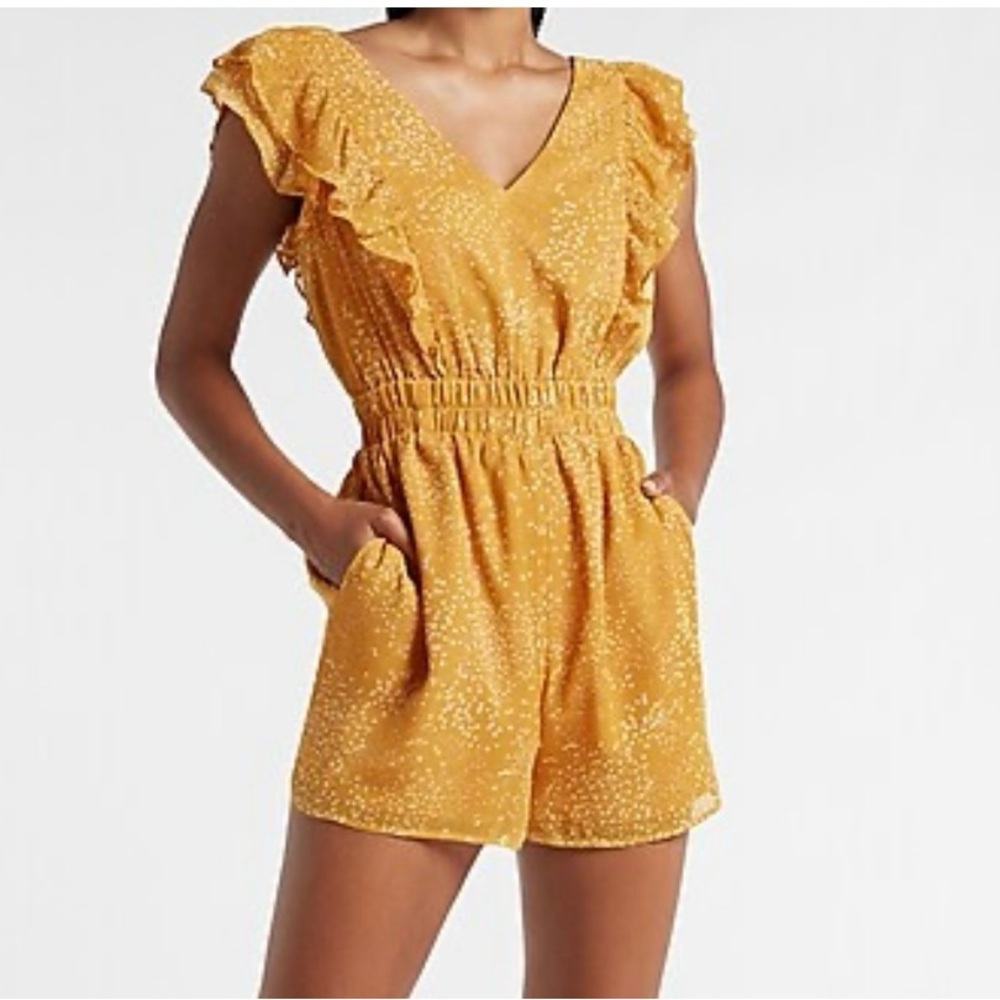 Express Yellow Printed Ruffle Sleeve Romper